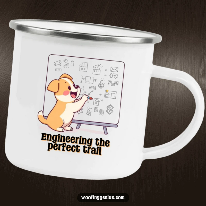 Funny dog drawing diagrams on a whiteboard in a camping mug, ready for outdoor exploration.