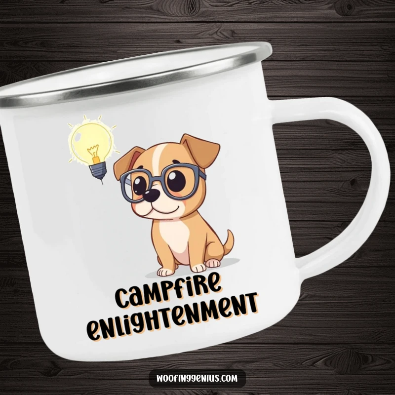 Funny camping mug showing a dog in spectacles contemplating a lightbulb in a thoughtful outdoor setting, inspiring clever adventures.