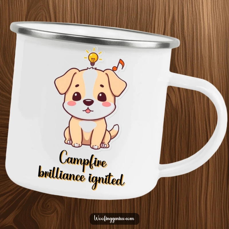 Funny dog camping mug with an idea bubble containing a lightbulb and musical note, ideal for outdoor inspiration.