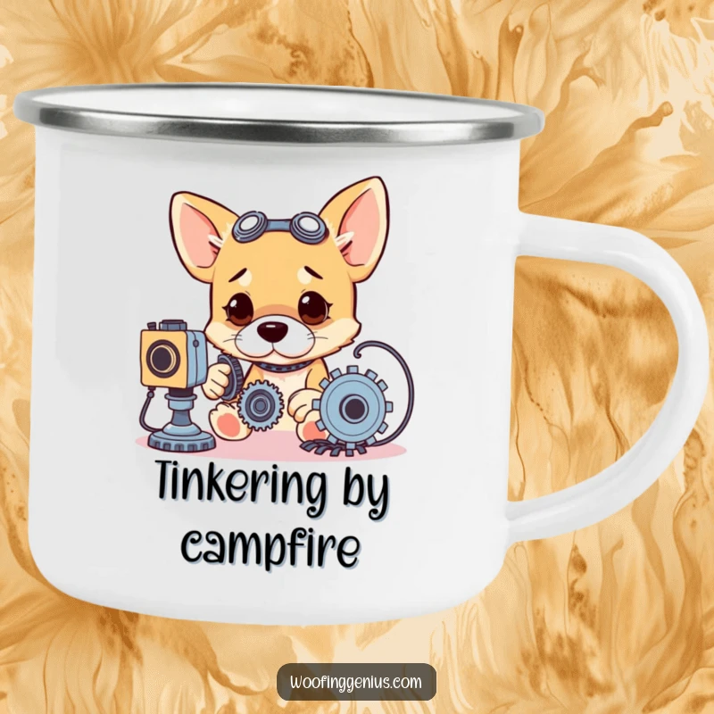 Funny camping mug with a dog intently working on gears and wires, perfect for outdoor use.