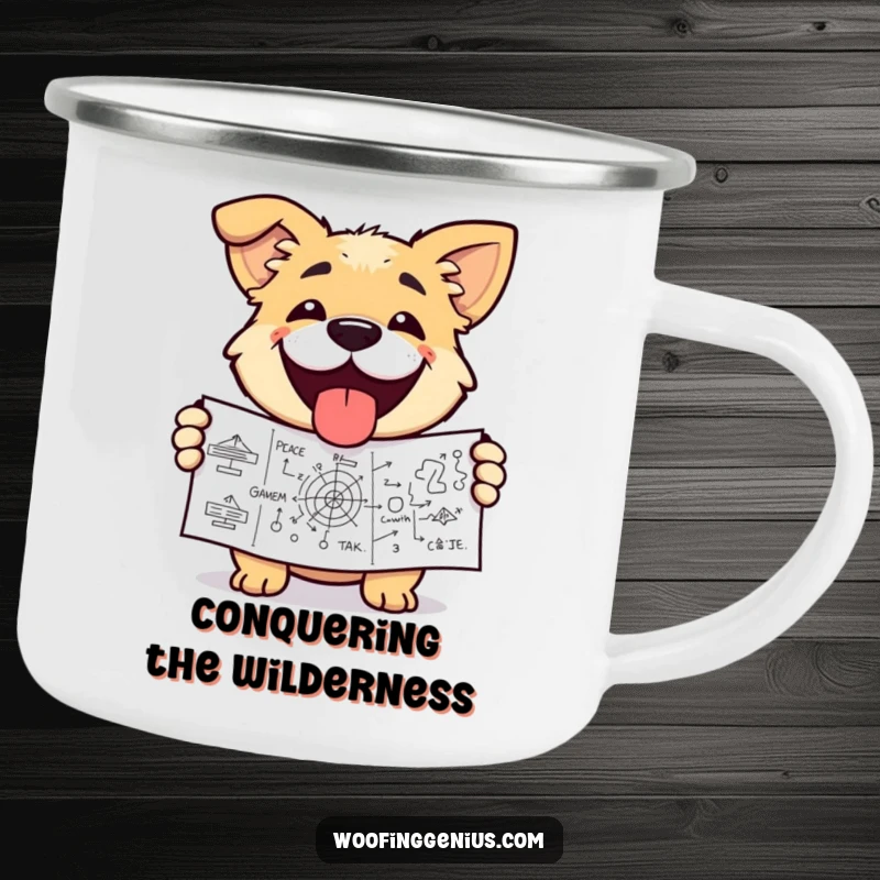 Funny dog camping mug with a dog grinning triumphantly, holding a complex diagram. Durable and humorous.