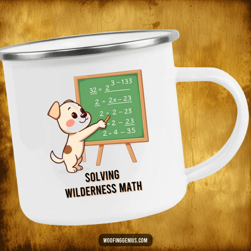 Funny camping mug showing a wise dog pointing at a blackboard filled with complex equations, perfect for outdoor study.