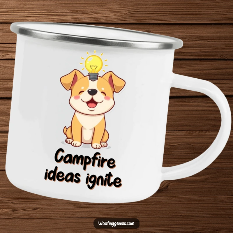 Funny camping mug depicting a dog with a glowing lightbulb above its head, symbolizing ingenious ideas for outdoor adventures.