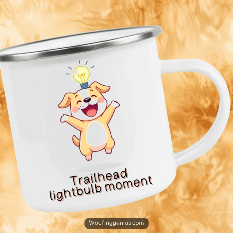 Funny camping mug with an excited dog bouncing with a glowing lightbulb above its head.