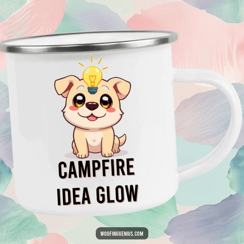 Funny camping mug with a dog character experiencing a lightbulb moment, perfect for enjoying beverages while sparking ingenious ideas outdoors.