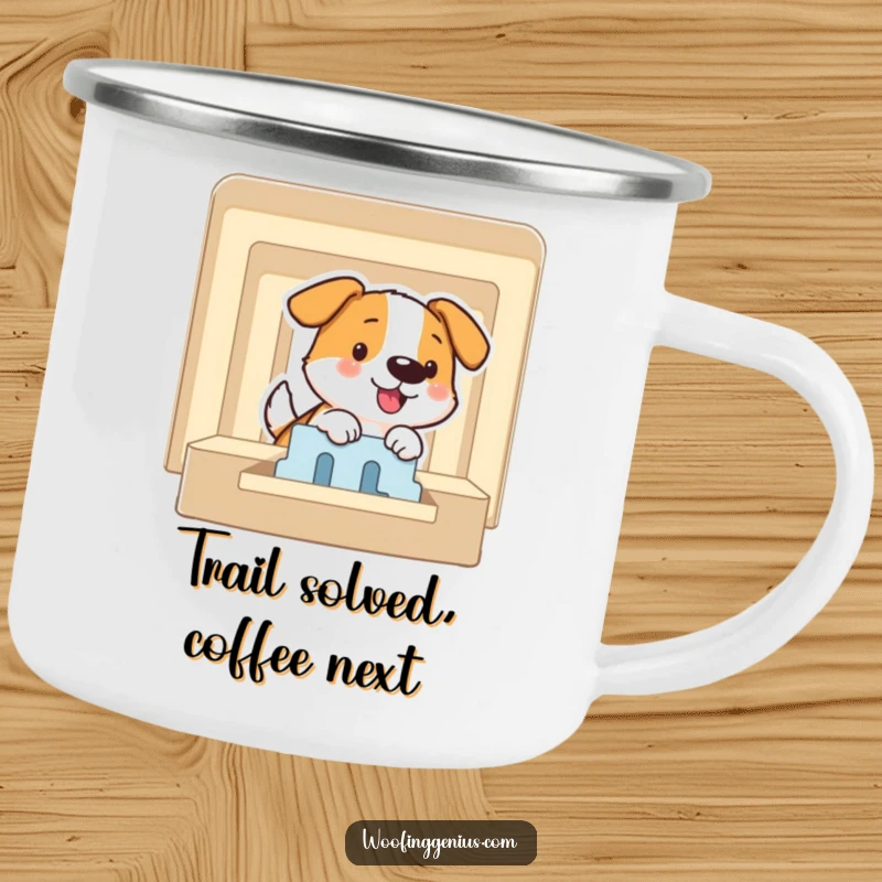 Funny camping mug depicting a dog smiling while expertly solving a puzzle maze, symbolizing cleverness during outdoor adventures.