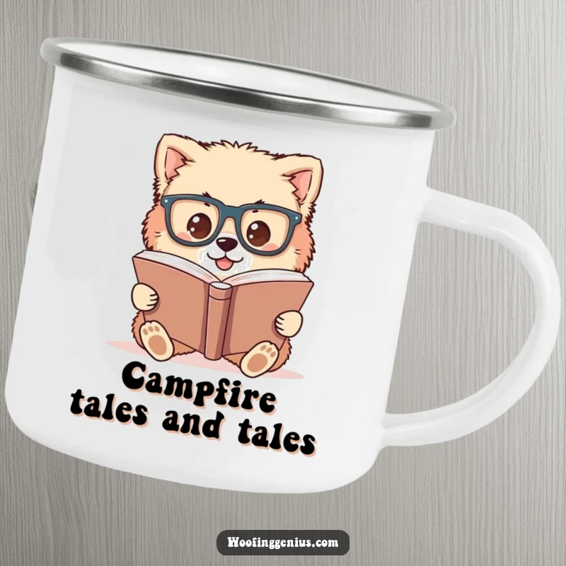 Funny camping mug with a fluffy dog wearing oversized glasses, intently reading a large book.
