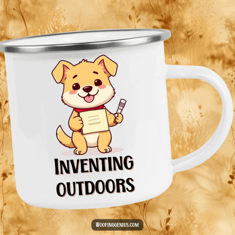Funny dog with a diploma, holding a camping mug and a blueprint for a new invention, ready for the outdoors.