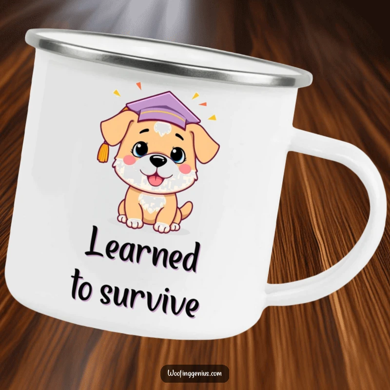 Funny dog in a graduation cap, celebrating an idea, on a camping mug, for enjoying drinks and thoughts.