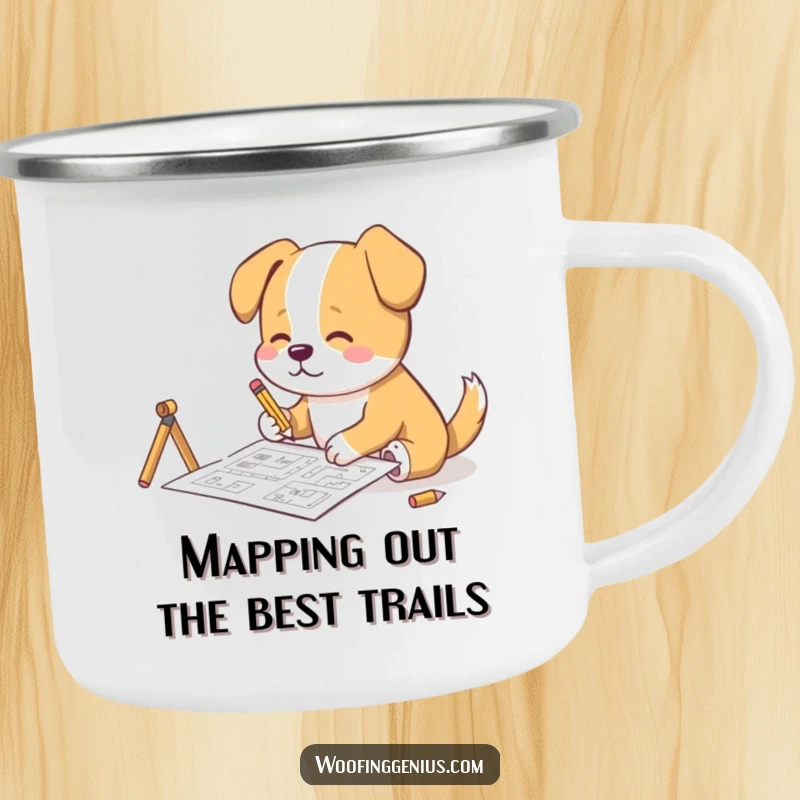 Funny Camping Mug: A dog sketches complex blueprints with a tiny pencil, perfect for outdoor planners and coffee lovers.