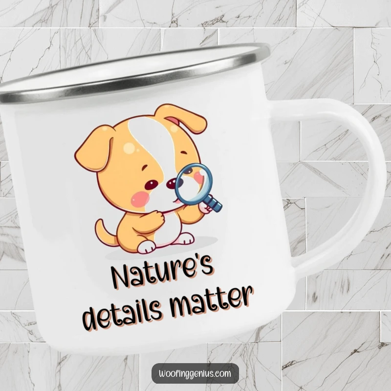 Funny enamel camping mug with a dog using a magnifying glass to inspect a tiny object, for outdoor investigators.