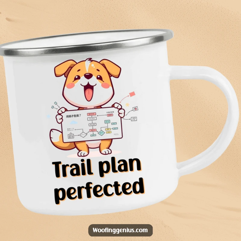 Funny dog character presenting a flowchart on a rugged camping mug, perfect for outdoor enthusiasts and coffee lovers.