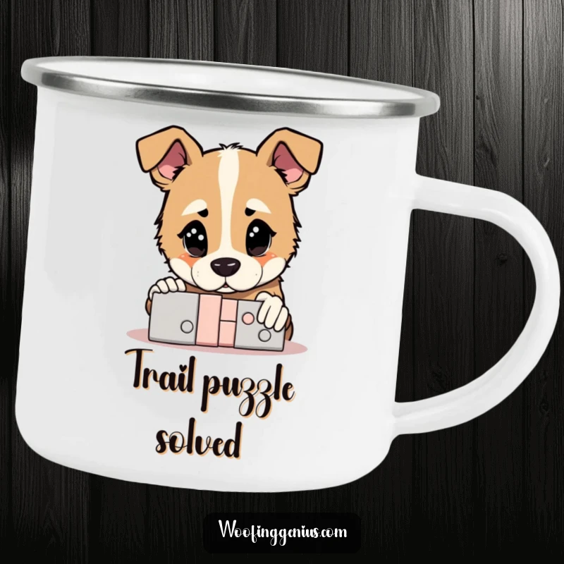 Funny Camping Mug: Dog gazing thoughtfully at a solved puzzle, a humorous and durable outdoor mug.