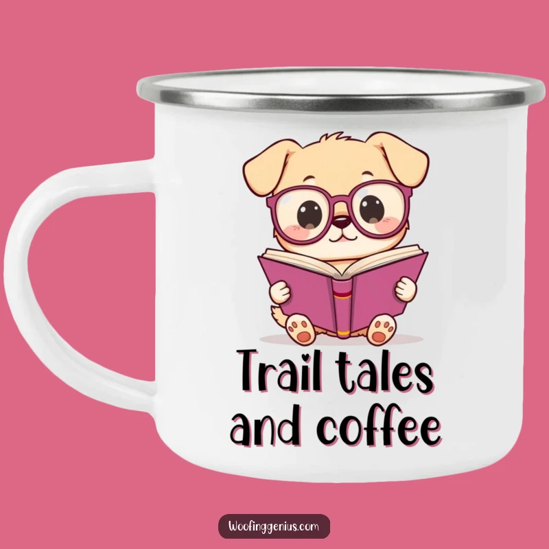 Funny Kawaii Dog Camping Mug: Adventurous intellectual pup enamel cup, a unique funny gift for hikers.