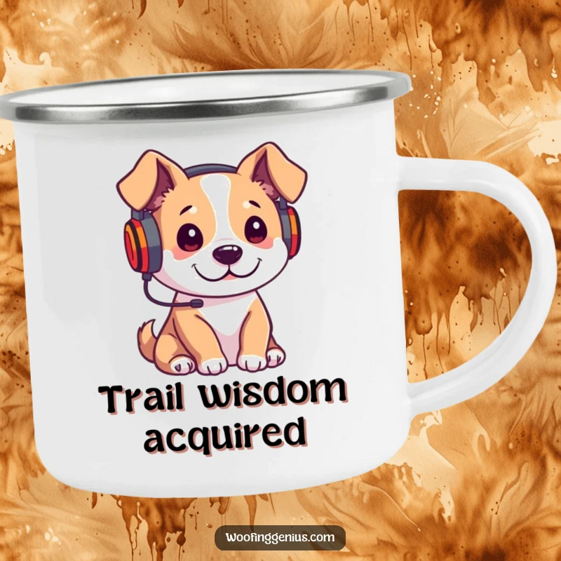 Funny enamel camping mug with a dog wearing headphones, listening intently to a lecture, for outdoor learning enthusiasts.