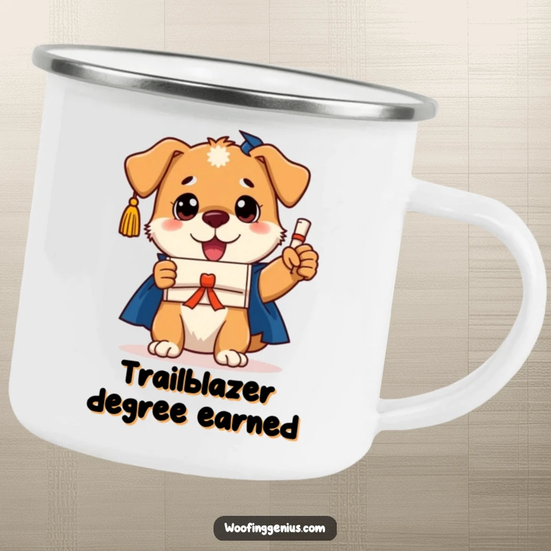 Funny dog graduation camping mug featuring a smart dog wearing a cap and holding a tiny diploma, ready for outdoor pursuits.