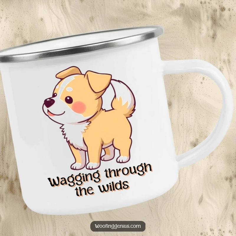 Funny camping mug with a dog wagging its tail so hard that its body forms a blur pattern.