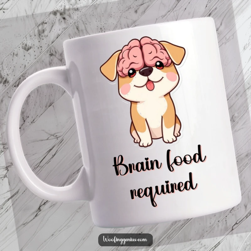 Funny mug with a dog whose comically large, oversized brain shape is peeking out from its head.