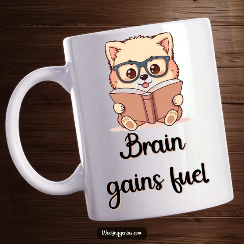 Funny mug with a fluffy dog wearing oversized glasses, intensely studying a large, thick book.