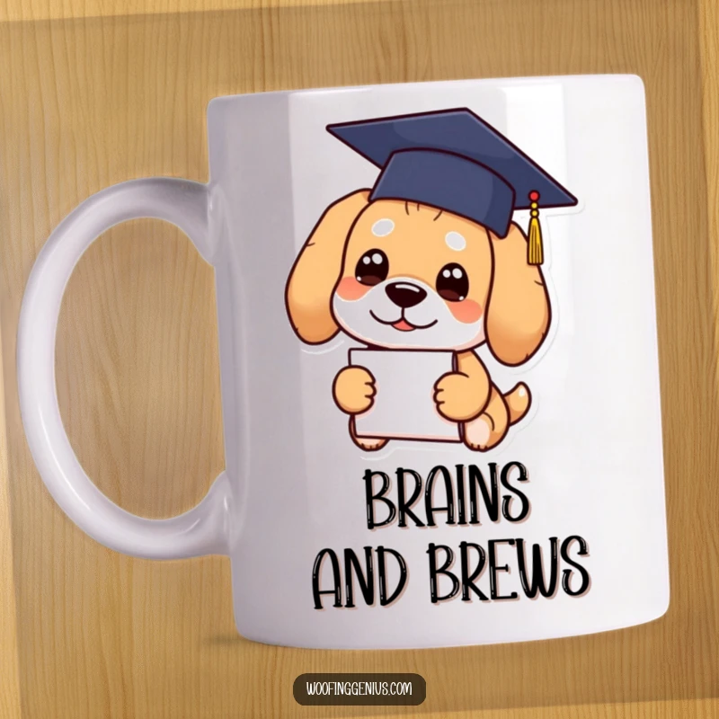 Funny Graduation Dog Mug featuring a dog wearing a cap and holding a diploma proudly.