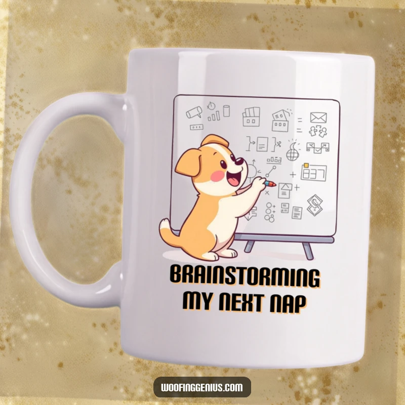Funny dog excitedly drawing complex scientific diagrams on a whiteboard with a marker, looking intelligent, on a mug.