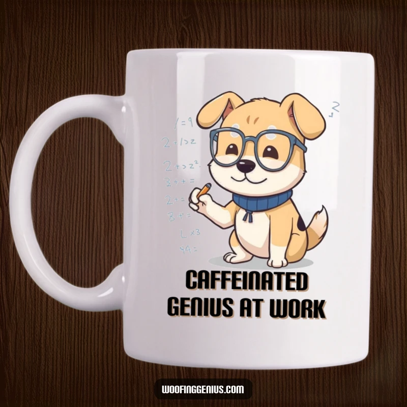 Funny dog mug depicting an intelligent dog wearing spectacles, scribbling complex mathematical formulas with enthusiasm.