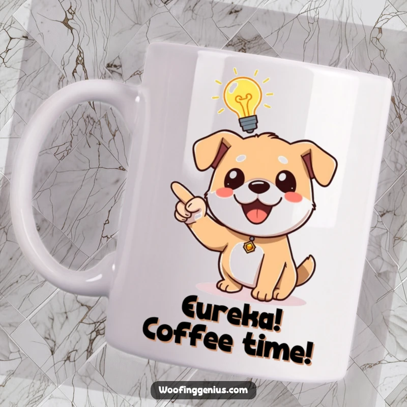 Funny dog with a glowing lightbulb above its head, excitedly pointing forward, symbolizing a great new idea.
