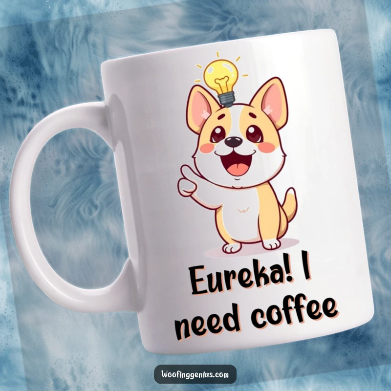 Funny Dog Mug with lightbulb, excitedly pointing, showcasing a genius idea and happy canine energy for a humorous gift.