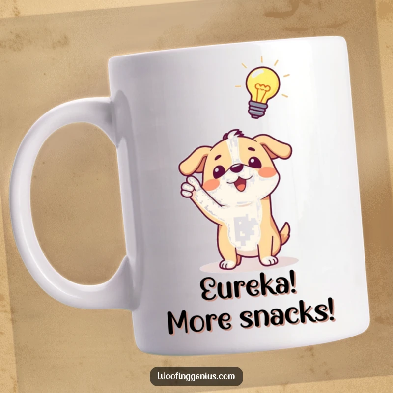 Funny mug: a dog excitedly points with a lightbulb glowing brightly above its head, symbolizing a brilliant idea.