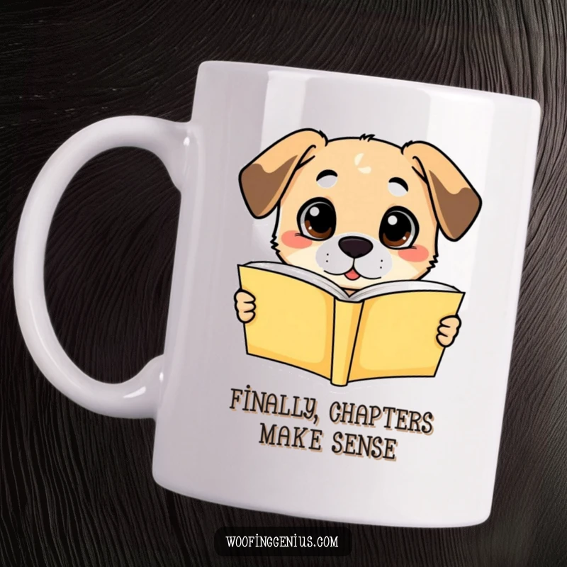 Funny mug: a dog with wide eyes intensely reading a book, suddenly understanding its profound meaning.