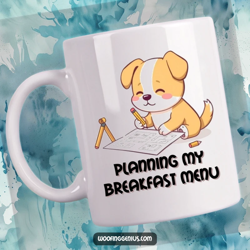 Funny Mug: A dog uses a tiny pencil to sketch complex blueprints, showcasing meticulous attention to detail and design.