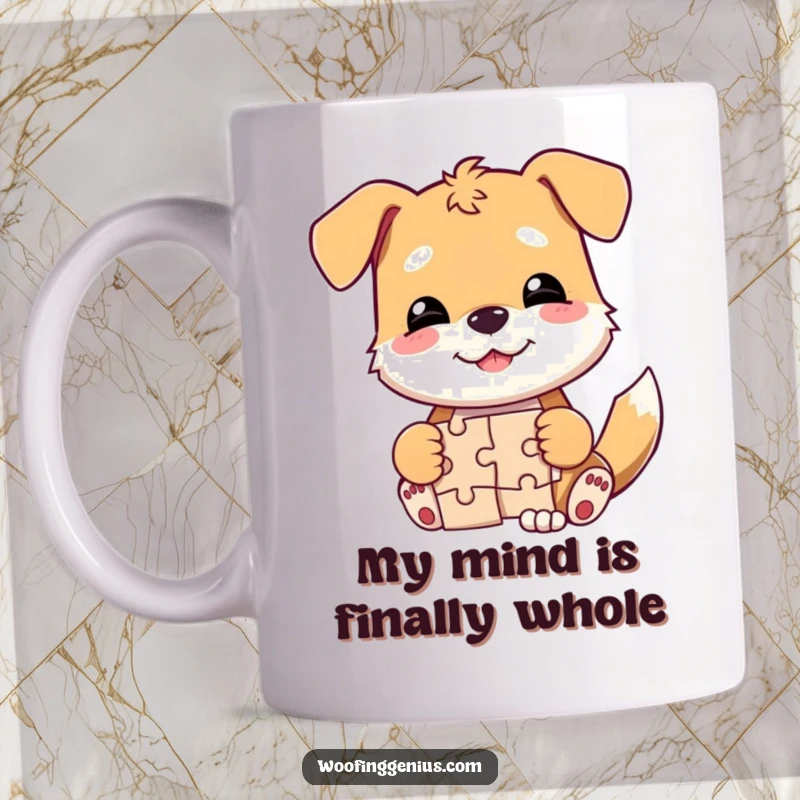 Funny dog mug featuring a dog with a smirk, triumphantly finishing a jigsaw puzzle with a wagging tail.