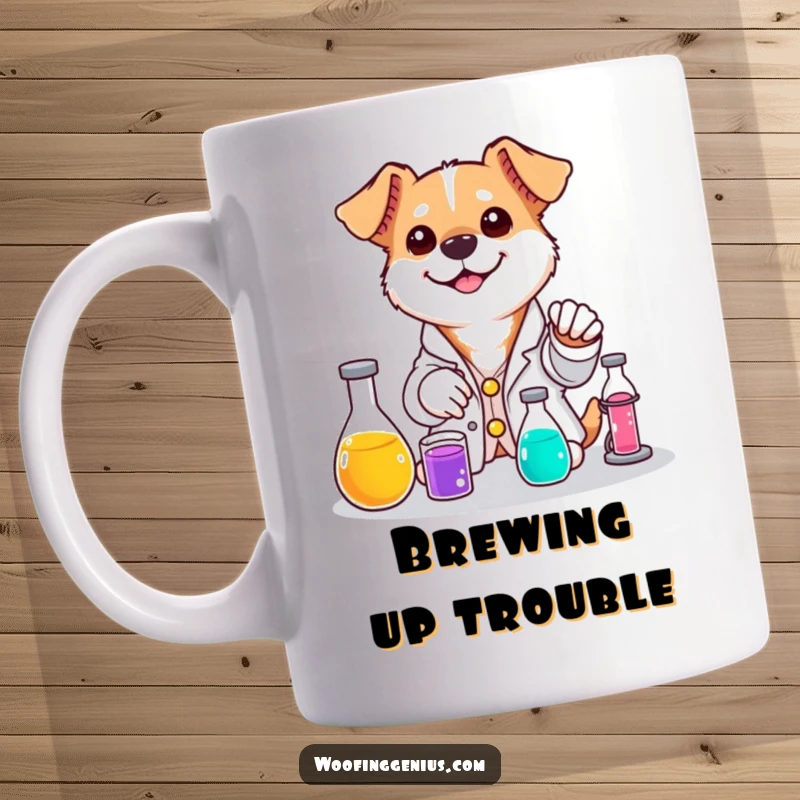 Funny dog mug showing a dog in a lab coat mixing colorful liquids with a smile.