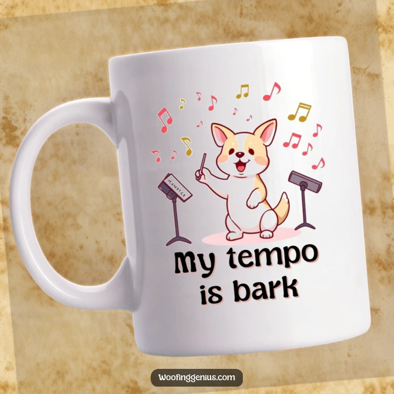Funny mug showing a dog energetically conducting an orchestra of musical notes, looking like a maestro.