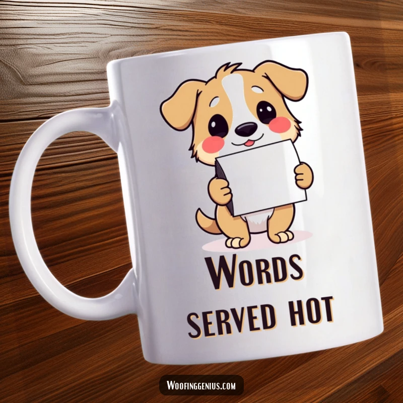 Funny dog mug with a dog winking, presenting a neat stack of colorful notecards, ready to deliver messages.