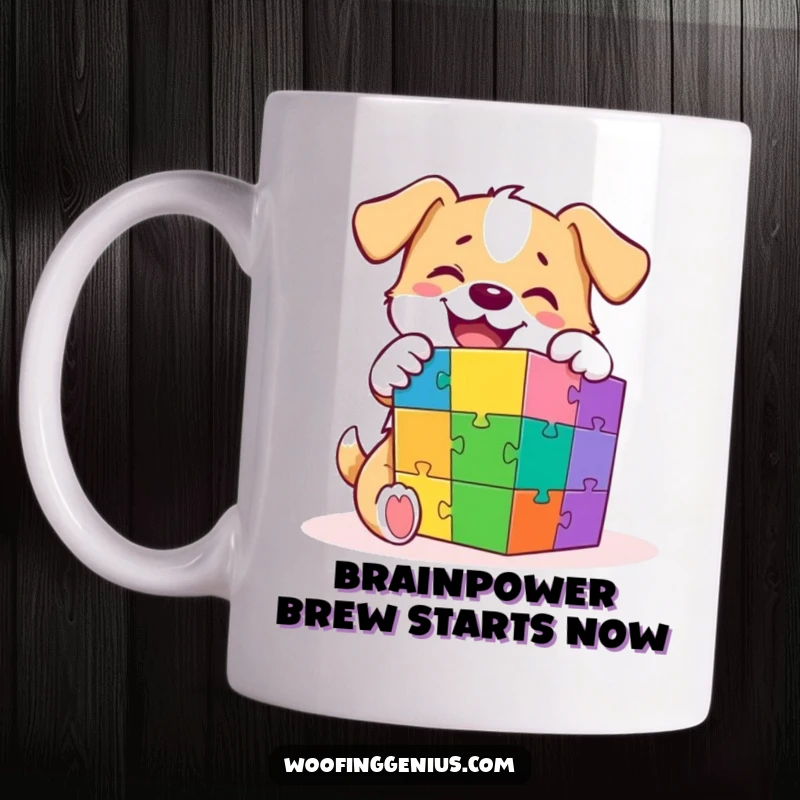 Funny mug with a joyful dog intently solving a multi-colored puzzle cube, showcasing its high intelligence and playful spirit.