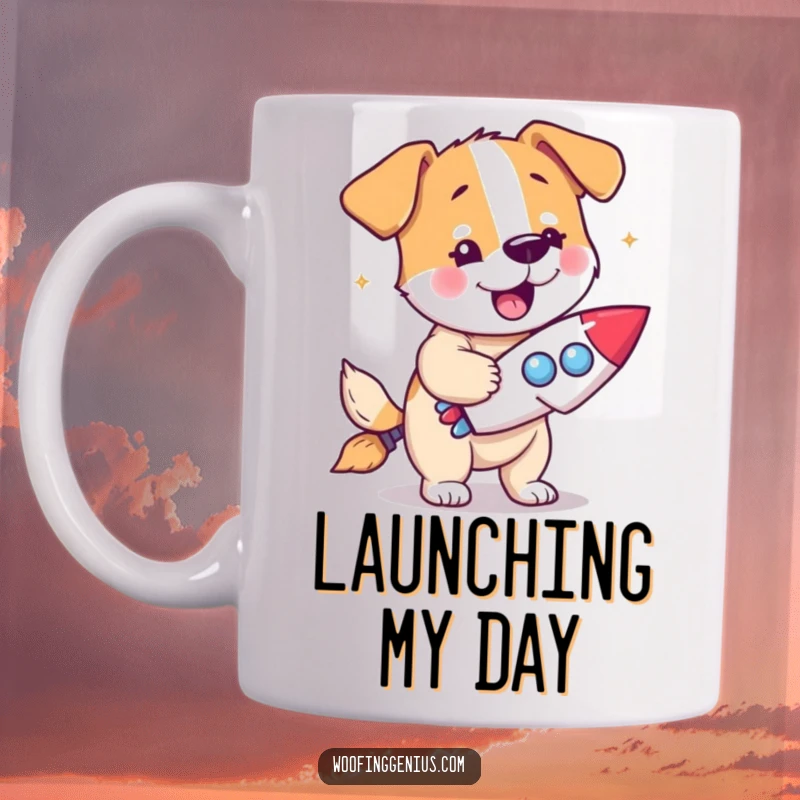 Funny dog mug featuring a dog with a eureka expression holding a miniature rocket ship, symbolizing an invention.