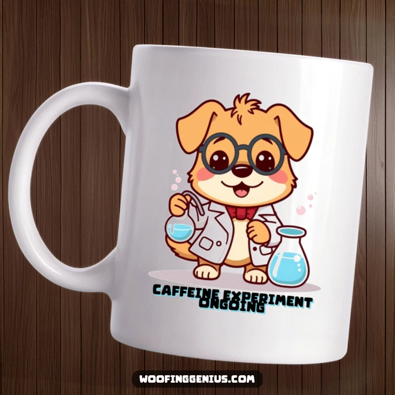 Funny dog character in a lab coat stirring a bubbling beaker, representing scientific curiosity and humor.