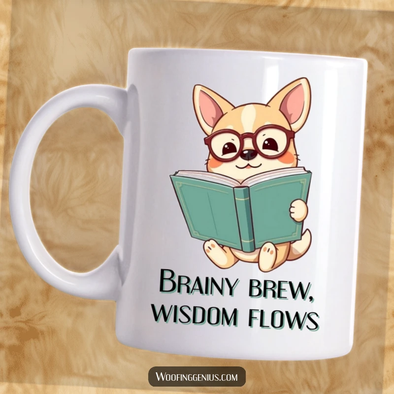 Funny dog wearing spectacles holding a huge ancient book, looking enlightened on a ceramic mug, wise and studious.