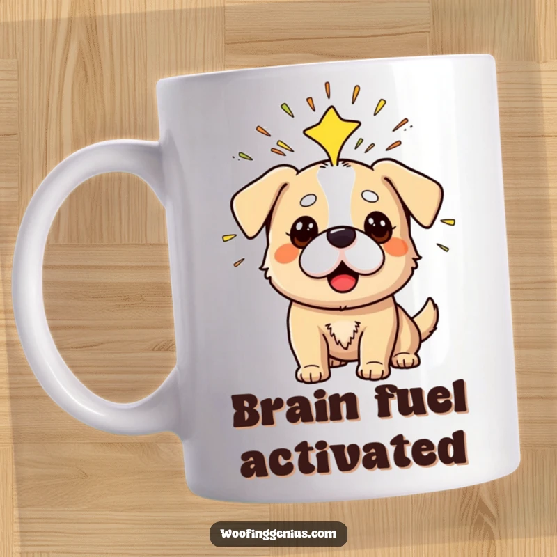 Funny mug depicting a dog with eyes wide open, having a Eureka moment with sparks radiating from its head.