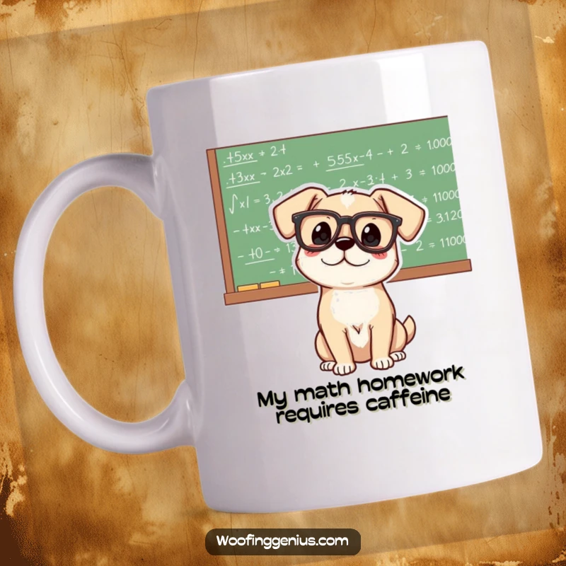 Funny genius dog wearing oversized glasses, intensely studying a chalkboard filled with complex math equations and formulas.