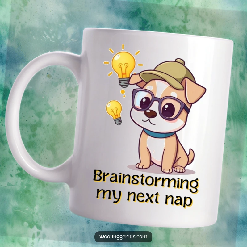 Funny Mug: A dog wears glasses and a thinking cap, pondering a bright lightbulb, symbolizing a moment of pure genius.