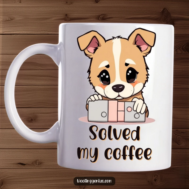 Funny Mug: Dog with a thoughtful gaze staring at a complex, solved puzzle, conveying intelligence and humor.