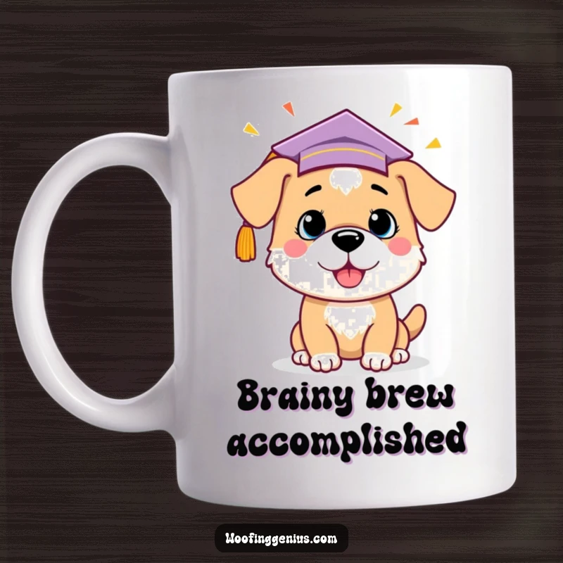 Funny dog wearing a graduation cap, with a lightbulb above its head, celebrating a new idea.