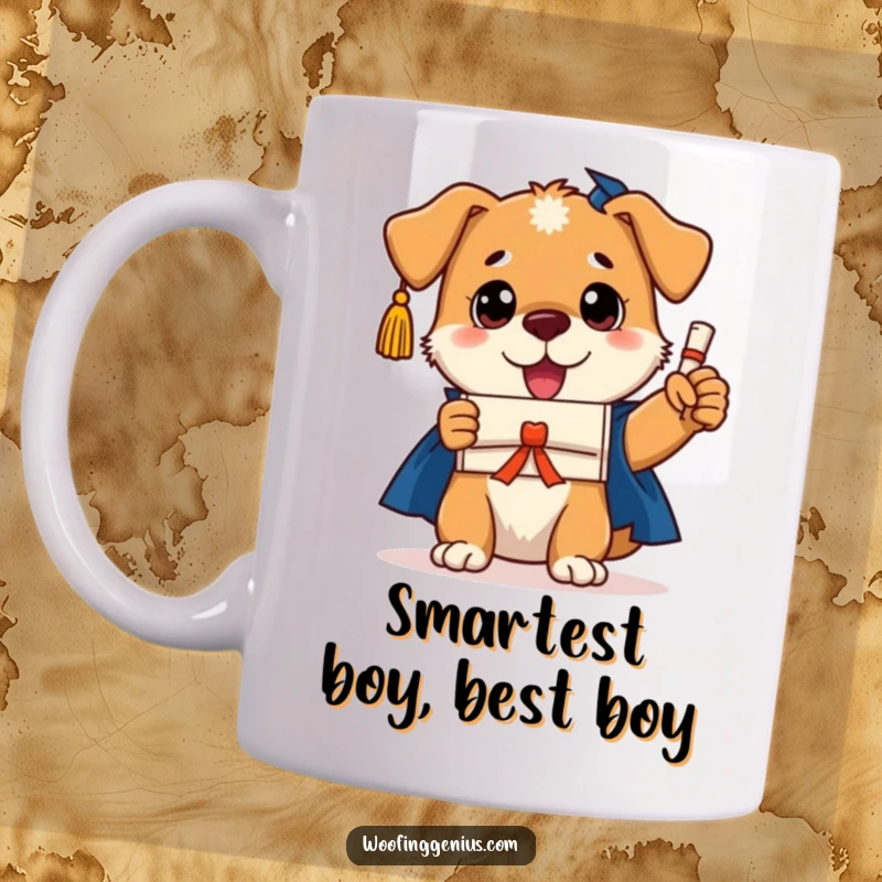 Funny graduation dog mug with a triumphant dog wearing a cap and holding a tiny diploma, celebrating academic achievement.