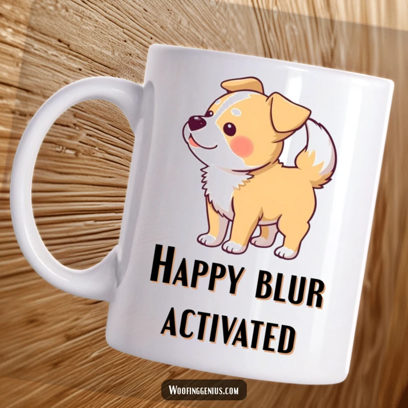 Funny mug with a dog wagging its tail so intensely that its body appears as a blur pattern.