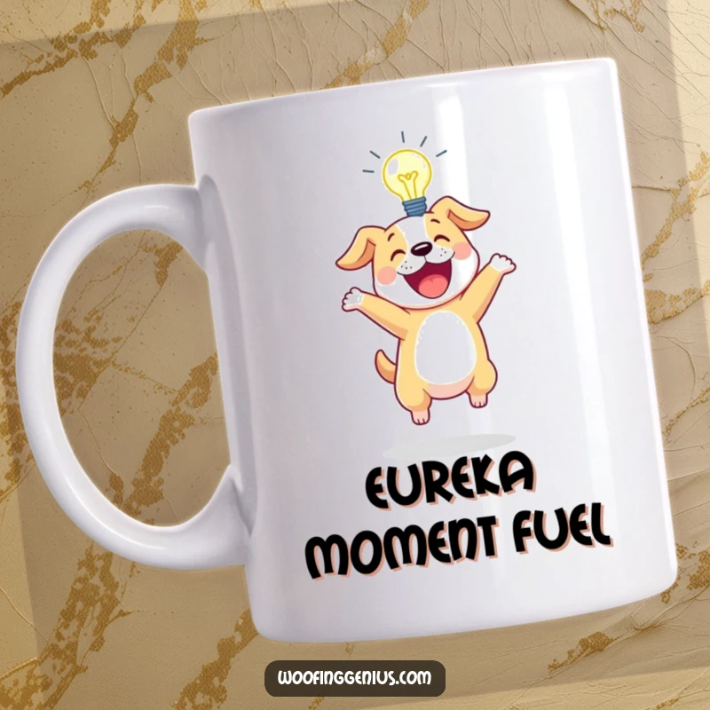 Funny mug with an excited dog bouncing with a bright lightbulb glowing above its head.