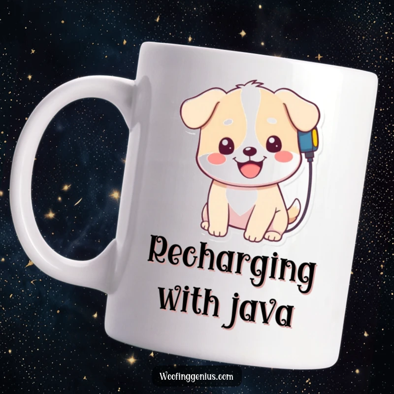 Funny Kawaii Dog Mug: A smiling character plugging a charger into its own head, representing self-care and humor, perfect for gift-giving.