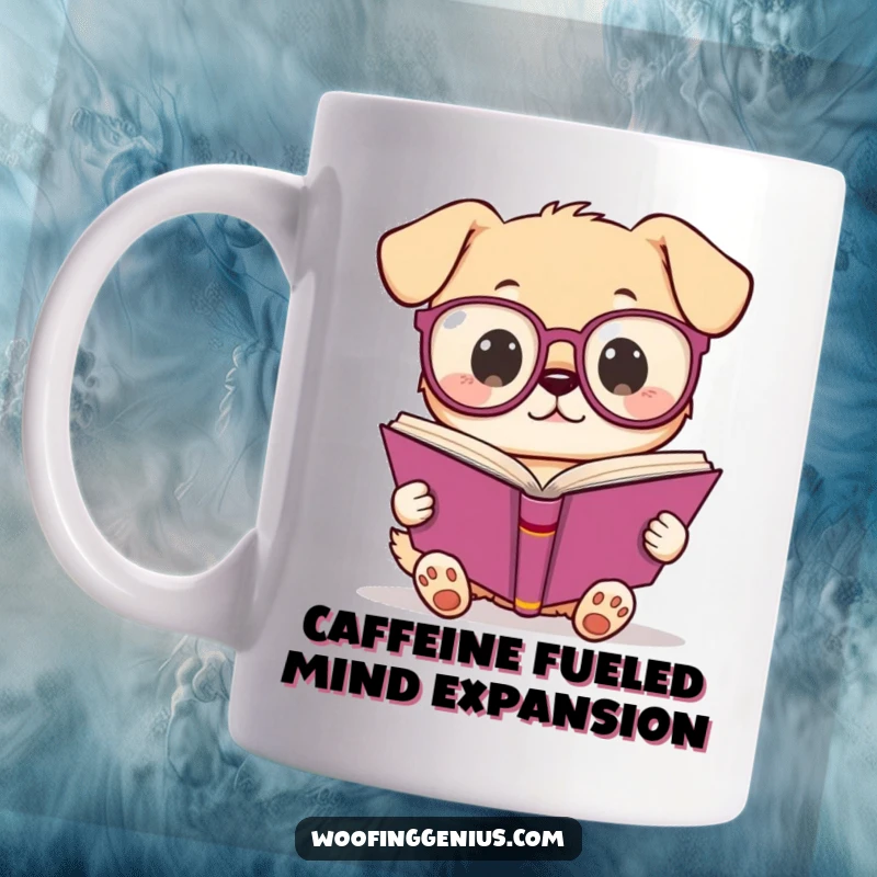 Funny Kawaii dog wearing spectacles, engrossed in a large book, conveying studious humor and intellectual charm for book lovers.