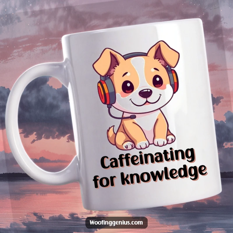 Funny mug featuring a dog wearing headphones, intently listening to a lecture, showcasing deep concentration and focus.